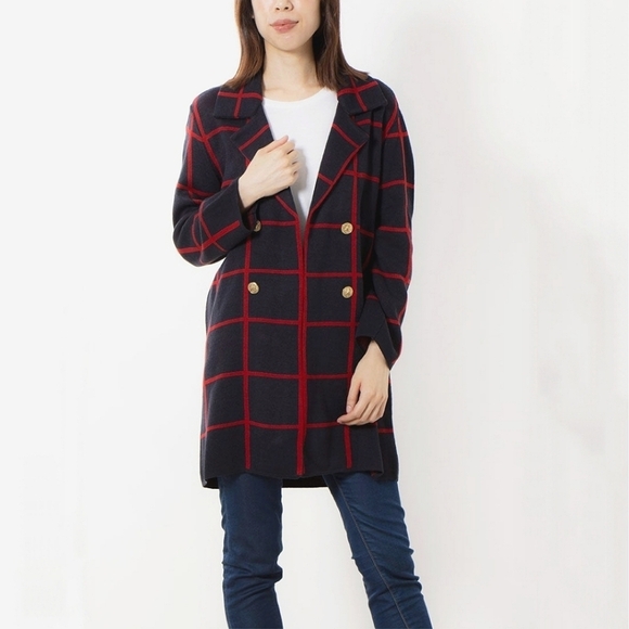 Anne Klein Windowpane Check Open Front Sweater Coat Cardigan Navy Deep Red sz L - Picture 1 of 9